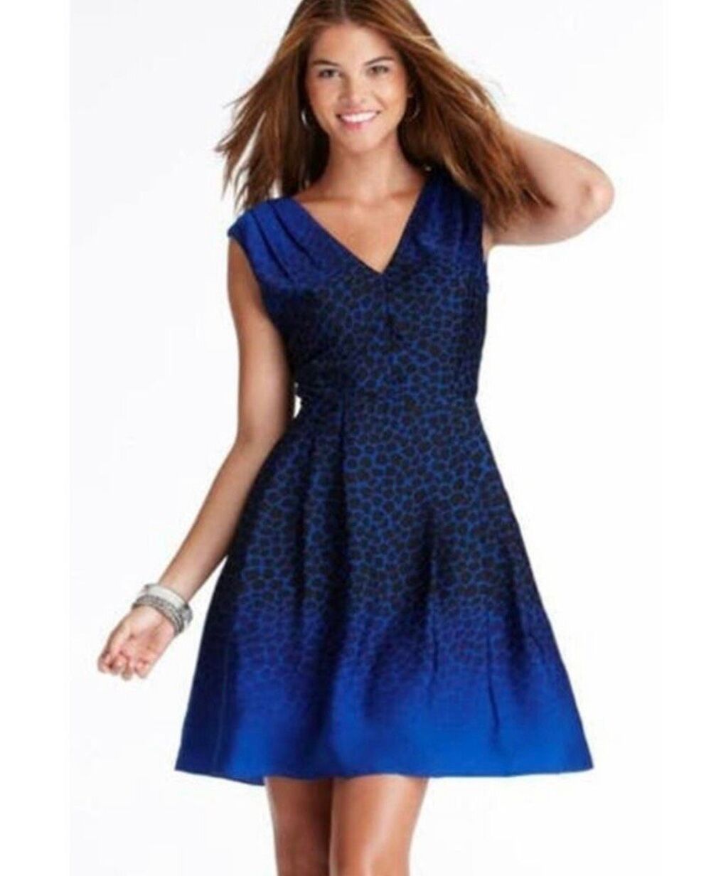 New! NWT Ann Taylor LOFT Blue-to-Black Ombré Animal Print V-neck Dress 14